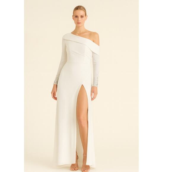 Mac Duggal Beaded Cuff Off-Shoulder Faux Wrap Gown White NWT Size 12 - Picture 1 of 12